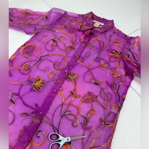 c.l.o.t.h.e.s. Sheer Floral Embroidered Button Front Collared Blouse Purple - Picture 13 of 13